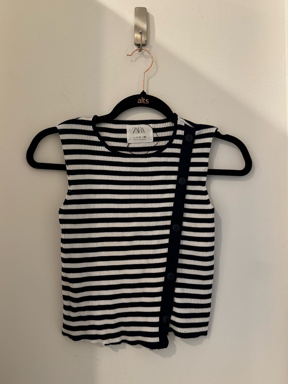 Zara White & Navy Striped Asymmetrical Tank Top